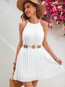 SHEIN VCAY Women's Pleated Halter Neck Dress - White - View 1