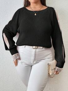 SHEIN Clasi Plus Size Women's Splice Lace Long Sleeve Sweater Pullover - Black - View 5