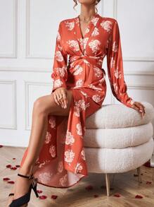 Chiquease Kleid Mit Blumen Muster Und Verdrehtem Detail Und Hohem Schlitz Am Saum - Orange - Übersicht 3