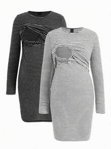 SHEIN Vestido A Rayas Para Lactancia De Manga Larga Para Maternidad - Blanco y Negro - Ver 12