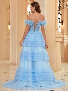 SHEIN Belle 荷葉邊下擺和蕾絲細節露肩網狀多層蛋糕女式晚禮服（重型款式） - 藍色 - 查看 4