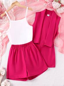 Sparklyn 少女無袖開衫上衣、短褲和襯衫三件套裝,紅酒色 - 玫紅色 - 查看 7