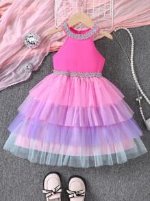 SHEIN Glamorique Kids 年輕女孩編織緞Ribbon拼接漸層網紗拼接裙 - 玫紅色 - 查看 1