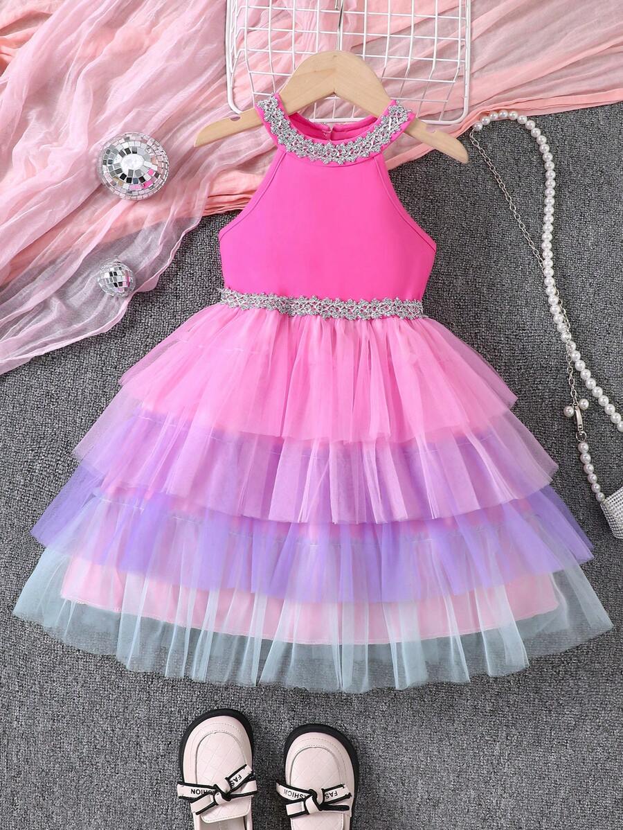 SHEIN Glamorique Kids 年輕女孩編織緞Ribbon拼接漸層網紗拼接裙 - 玫紅色 - 查看 1