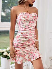 SHEIN VCAY 女士花卉印花無肩帶情人節連衣裙 - 紅色 - 查看 5