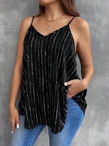 SHEIN LUNE Plus Size Women Line & Floral Print Cami Top, Summer - Black - View 1