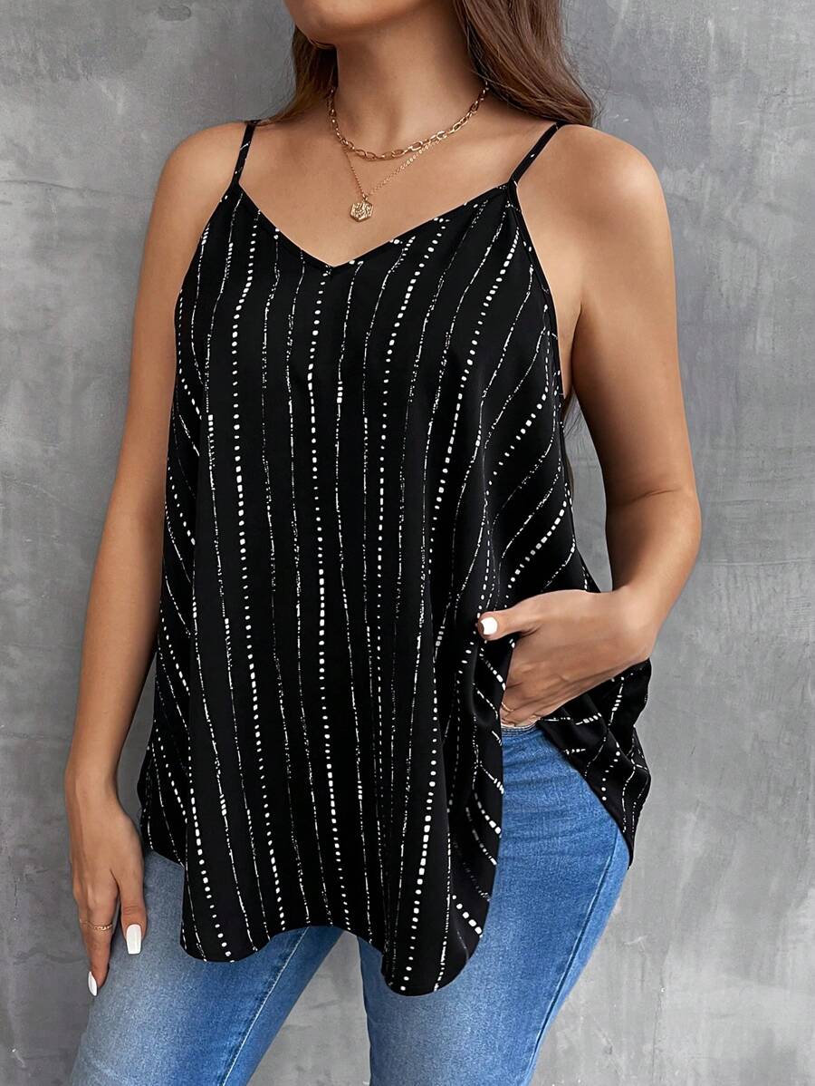 SHEIN LUNE Plus Size Women Line & Floral Print Cami Top, Summer - Black - View 1