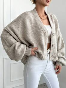SHEIN 小碼女款米色純色鈕扣前襟休閒落肩開襟衫，適合日常穿著，秋季冬季日間穿搭 - 米色 - 查看 3