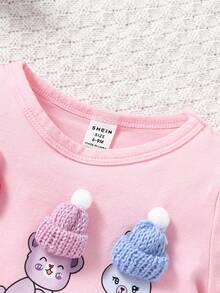 2pcs/Set Baby Girl Cartoon Letter Print Top With 3d Hat - Multicolor - View 4