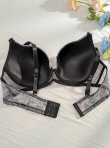 Plus Size Women's Floral Embroidery Bra With Bow Knot, Lingerie