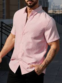 Manfinity Homme Camisa De Manga Corta A Rayas Para Hombre - Rosa - Ver 7