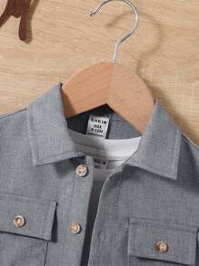 SHEIN 嬰兒男寶寶素色襯衫和短褲休閒二件套裝 - 淺灰色 - 查看 6