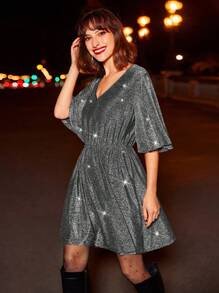 SHEIN Frenchy Women's V-Neck Sparkly Shiny Ruffle Sleeve Dress - Silver - View 6