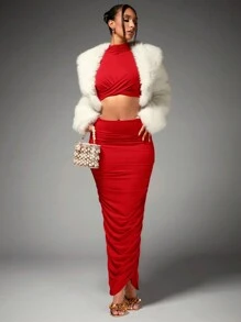 SHEIN BAE Women's Mock Neck Pleated Crop Top And Skirt Set For New Year Party