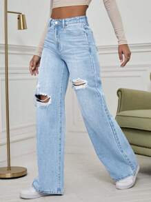 SHEIN EZwear Distressed Washed Denim Jeans - Light Wash - View 4