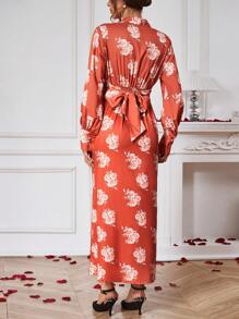 Chiquease Kleid Mit Blumen Muster Und Verdrehtem Detail Und Hohem Schlitz Am Saum - Orange - Übersicht 2
