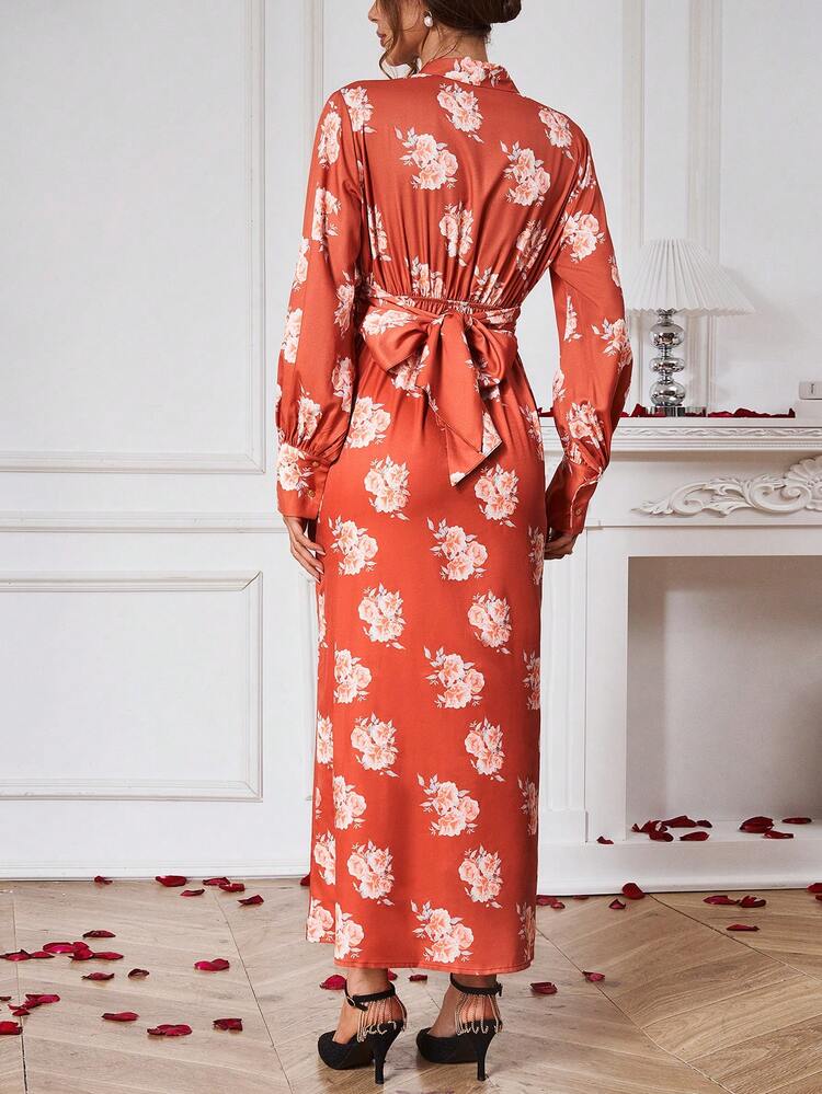 Floral Print Twisted Detail High Slit Hem Dress