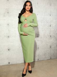 SHEIN Maternity Button Detail Hollow Out Long Sleeve Dress - Green - View 4