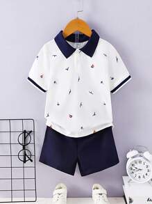 Souflis Souflis Young Boy Toddler Boys' Casual College Style Printed Collared Shirt And Solid Color Shorts Set Summer Holiday