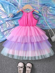 SHEIN Glamorique Kids 年輕女孩編織緞Ribbon拼接漸層網紗拼接裙 - 玫紅色 - 查看 2