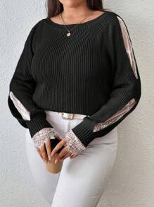 SHEIN Clasi Plus Size Women's Splice Lace Long Sleeve Sweater Pullover - Black - View 4