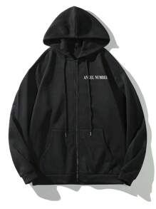 Manfinity Hypemode Loose Fit Men's Letter Print Zip Up Hooded Sweatshirt With Drawstring - Black - View 2