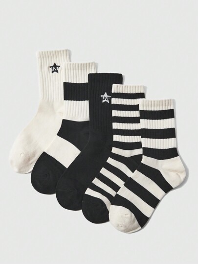 Hippie 5pairs/Set Black & White Striped Mid-Calf Athletic Socks