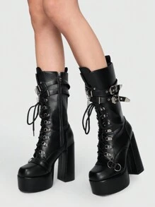 ROMWE Grunge Punk Ladies' Punk Style High-Heel Combat Boots With Chain Decoration - Black - View 4