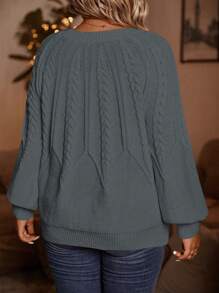 SHEIN LUNE 大尺碼純色線接袖毛衣 - 灰色 - 查看 3