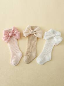 3pairs/Set Kids' Mesh Bowknot Mid-Calf Socks, Suitable For Outing - Multicolor - View 5