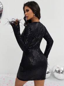 Chiquease 女式閃亮長袖連衣裙,配毛茸茸袖口 - 黑色 - 查看 2