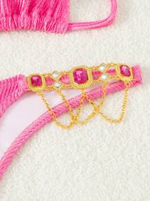 SHEIN Swim Conjunto bikini de playa de verano con copa triangular, parte superior con cuello halter y decoración de estrás, Bottom de corte alto - Rosa - Ver 7