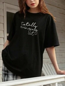 INAWLY Women's Black Loose T-Shirt With Slogan Print - Black - View 1