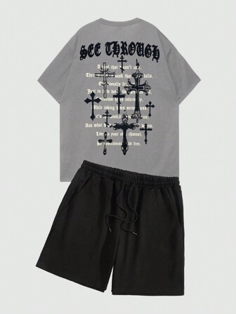 Goth Men's Cross & Letter Pattern Short Sleeve T-Shirt And Shorts Set