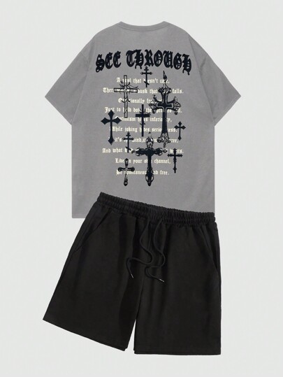 Goth Men's Cross & Letter Pattern Short Sleeve T-Shirt And Shorts Set