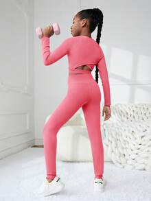 SHEIN Tween女孩中空後背圓領拉格蘭袖t恤和長褲運動套裝 - 玫紅色 - 查看 3