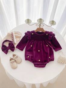 Baby Girl Velvet Bodysuit With Star Embroidery - Purple - View 3