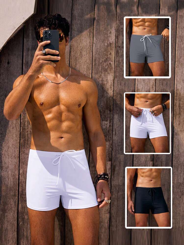 Men'S 3pcs Solid Color Swim Shorts With Drawstring Waist