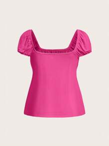 SHEIN MOD Cổ vuông Ren Cắt tỉa Áo thun - Màu Hồng Tươi - Xem 2