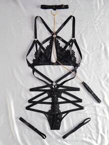 SHEIN Women'S Sexy Lace Hollow Out Lingerie Set - Black - View 2