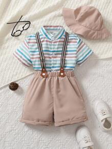 SHEIN Toddler Boys' Striped Shirt And Suspender Pants Set - Multicolor - View 1