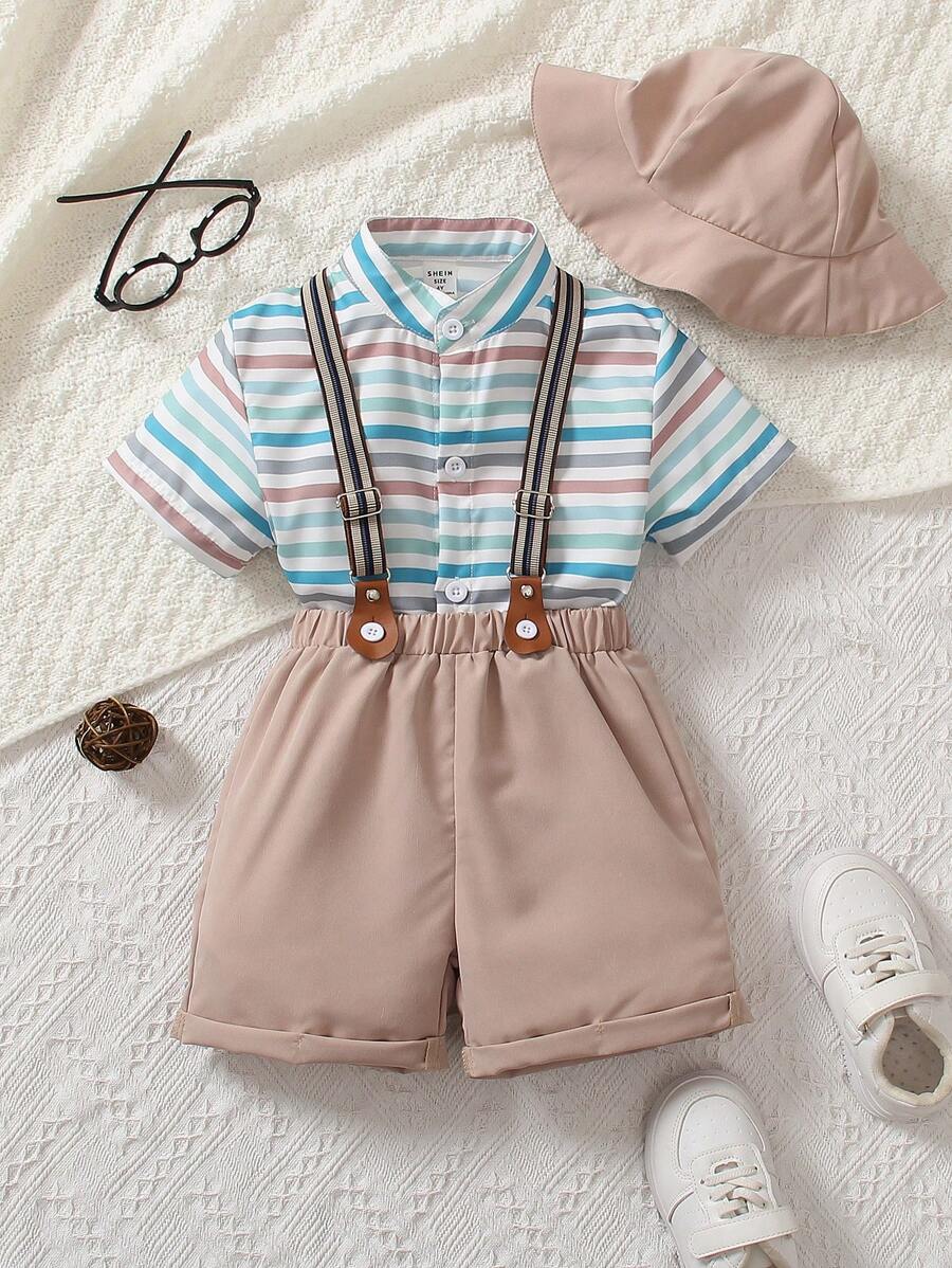 SHEIN Toddler Boys' Striped Shirt And Suspender Pants Set - Multicolor - View 1