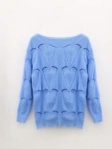 大码女式休闲纯色镂空针织毛衣 - 寶藍色 - 查看 1