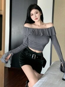 DAZY 女式修身荷叶边下摆 T 恤，秋季服装长袖女式上衣短款女式上衣 - 灰色 - 查看 3