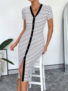 SHEIN Essnce V領條紋休閒商務風裙子 - 黑與白 - 查看 5