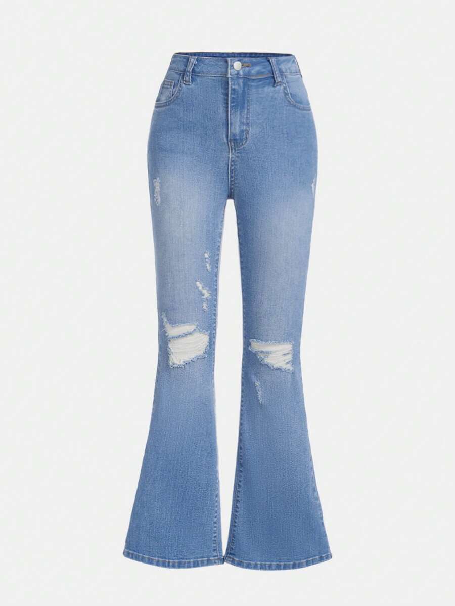 SHEIN Tween Girls' Y2k Style Blue Asymmetrical Ripped Flared Jeans With Stretch SHEIN USA