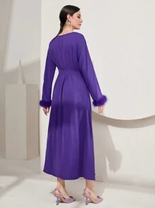 Modelyn Women'S Round Neck Plush Trim Patchwork Folded Dress