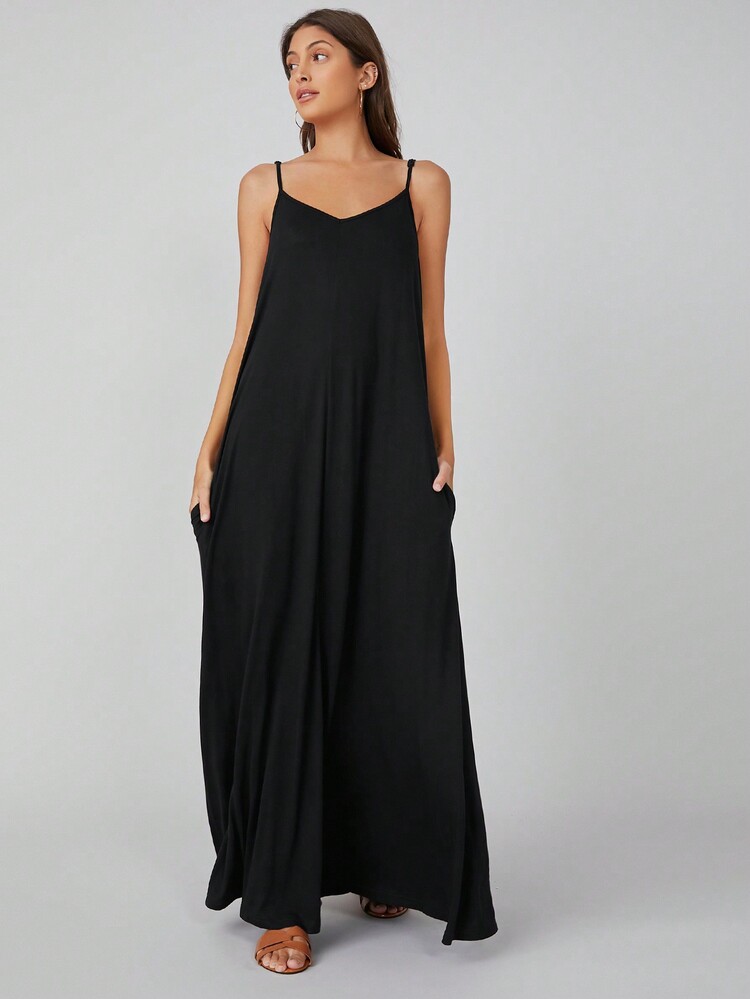 SHEIN BASICS 側口袋素色吊帶洋裝 - 黑色 - 查看 5