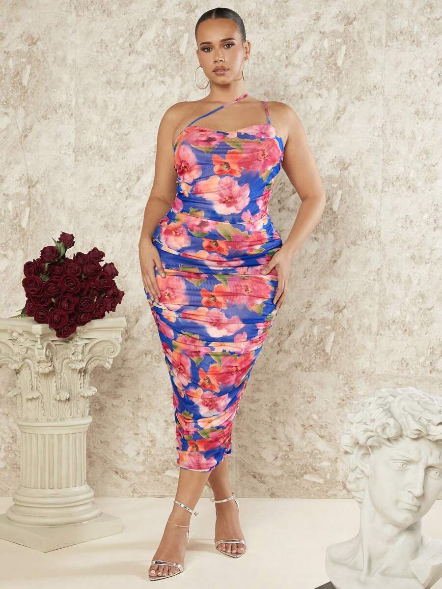 SHEIN BAE Plus Size Women's One Shoulder Sleeveless Floral Printed Dress