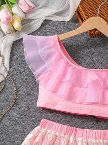 Tween Girls' Casual Vacation Ruffled Crop Top And Floral Mesh Overlay Skirt Set - Pink - View 5